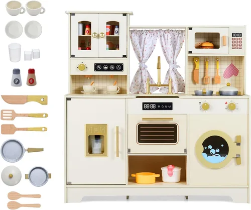 Costzon Cocina de Juego para Niños, Set de Juego de Cocina de Juguete de Madera con Máquina de Hielo, Cafetera, Lavadora, Cortina, Microondas y