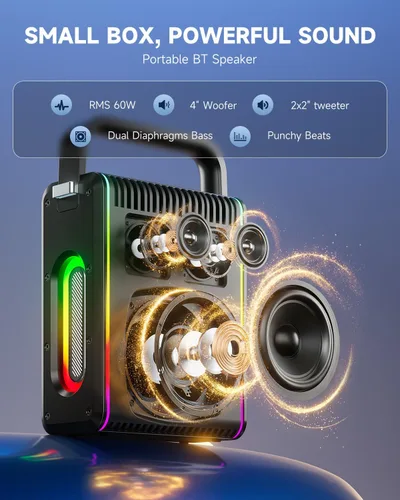 Miniatura 4 de Moukey MPS5 - Máquina de karaoke portátil, altavoz recargable de 200 W de potencia máxima con 2 micrófonos inalámbricos y correa, compatible con BT
