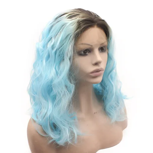 Miniatura 3 de Mxangel - Peluca de encaje sintético ondulado medio largo con raíces negras, color azul degradado