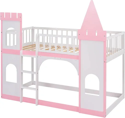 Miniatura 5 de DEINPPA Litera individual, marco de cama individual sobre individual, cama alta de madera con forma de castillo con escalera de barandilla