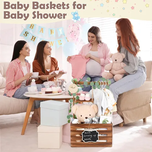 Miniatura 4 de Caja de madera para baby shower con asa y guirnalda, cestas de gran capacidad para baby shower, cestas de baby shower de fácil montaje