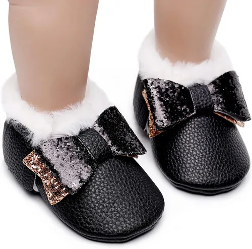 Miniatura 3 de Botas para niños caminantes para niñas con lazo de nieve para primer bebé zapatos anchos de felpa para bebé color negro 0-3 meses