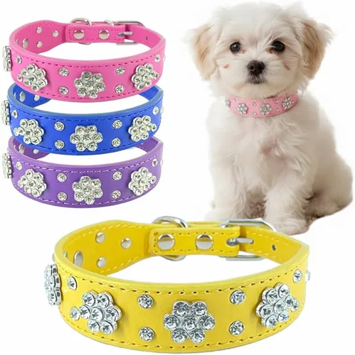Miniatura 10 de Collar de perro con flores de diamantes de imitación, collar de piel sintética brillante para perros y gatos pequeños, bonito collar de cachorro