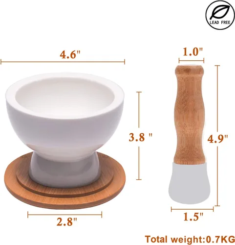 Miniatura 2 de Mortero y mortero de porcelana - Trituradora de píldoras, molinillo de especias, cuenco de hierbas, polvo de pesto - Regalo ideal - con base