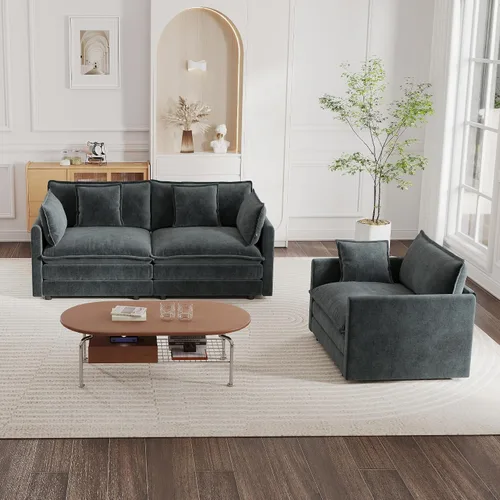 Miniatura 10 de mikibama Juego de sofá biplaza y sillón de lujo de 2 piezas, moderno juego de sofás nube tapizados de chenilla con 5 almohadas para sala de estar