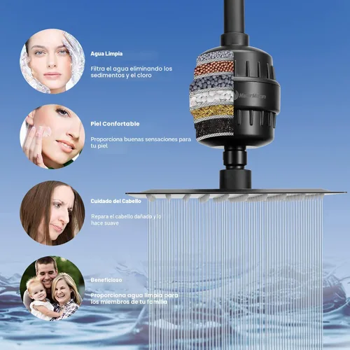 Miniatura 3 de NearMoon Cabezal de ducha de lluvia filtrado, cuadrado de alta presión de 8 pulgadas y 5 ajustes de filtro de ducha de mano combinado con soporte