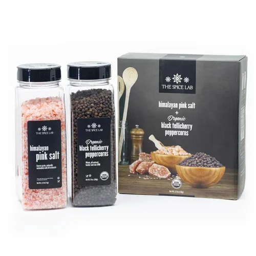 The Spice Lab Sal rosa del Himalaya gruesa de 2.2 libras y granos de pimienta Tellicherry orgánica USDA de 18 onzas, paquete de regalo combinado de
