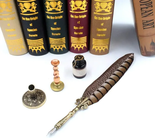 Miniatura 3 de Pluma antigua pluma único medio patrón pluma conjunto con 6 plumas, 1 botella de tinta, 1 sello sello 1 portalápices 1 cera de sellado LL-149