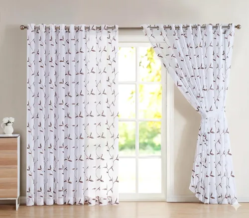 Miniatura 15 de Cortinas LinenZone de piso a techo para ventanas extra anchas. Cortinas transparentes blancas para divisores de habitación con bordado de hojas rosa