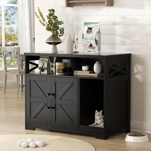 Halitaa - Caja de arena para gatos oculta, mueble con almohadilla para rasguñar, casa de campo para gatos con mesa de baño, negra