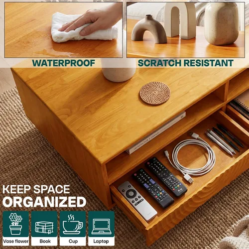 Miniatura 5 de Acacia Harmony - Mesa de centro de madera maciza de goma con cajones y almacenamiento abierto, 47.2 pulgadas de largo, mesas de centro perfectas