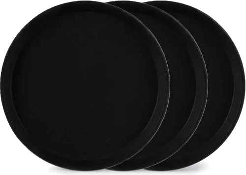 TOPZEA Paquete de 3 bandejas de servicio de restaurante, bandeja redonda negra de fibra de vidrio de 11 pulgadas antideslizante para servicio de