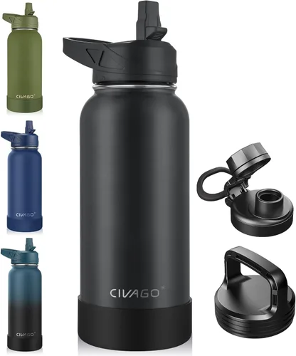 Miniatura 39 de CIVAGO Botella de agua aislada de 22 onzas con pajita, frasco de agua deportiva de acero inoxidable con 3 tapas