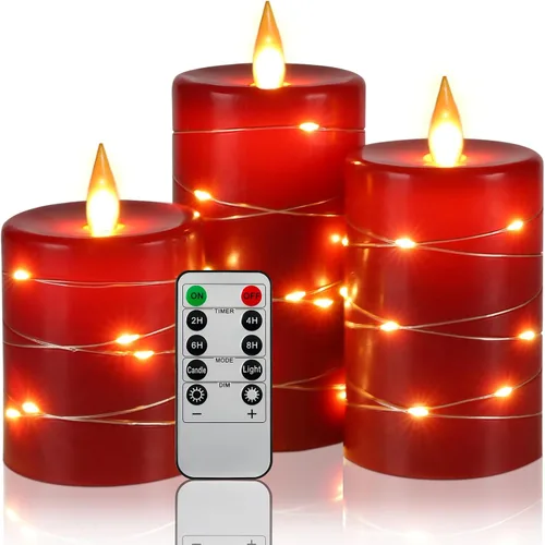 Da by Velas rojas sin llama con luces de cadena, velas que funcionan con baterías con control remoto y temporizador, velas LED parpadeantes de pilar