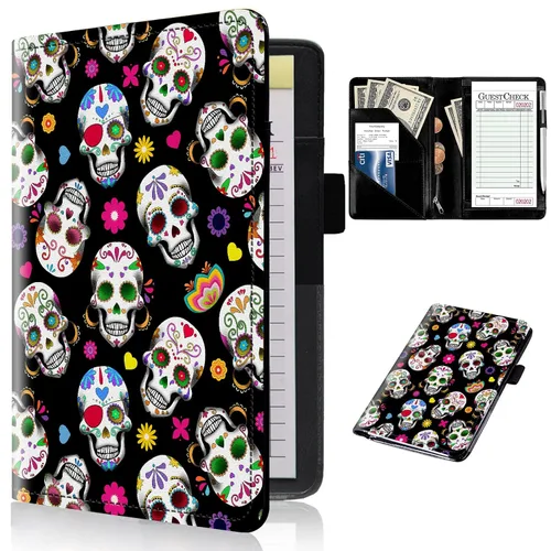 Miniatura 42 de Libros de servidor para camareras con bolsillo con cremallera – Libro de camarera gótico pastel con calavera de bruja, organizador de dinero