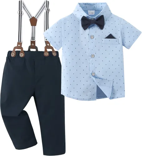 DISAUR Ropa para bebé niño, camisa de vestir con corbatín y pantalones de tirantes, conjuntos de traje de caballero para boda de 1 a 6 años