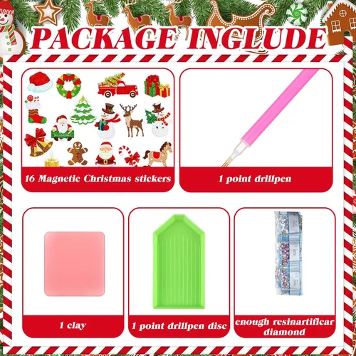 Miniatura 3 de Umigy Juego de 16 imanes de arte de diamantes de Navidad para refrigerador, muñeco de nieve, Papá Noel, ciervo, pintura de diamante, imanes