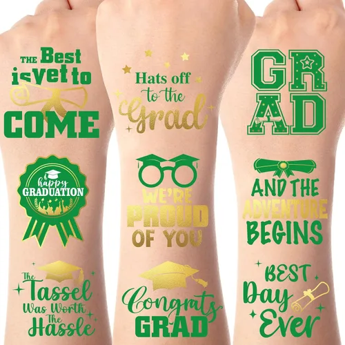 12 hojas de tatuajes temporales de graduación con purpurina verde y dorada estilo metálico, recuerdos de fiesta de graduación 2025, felicitaciones
