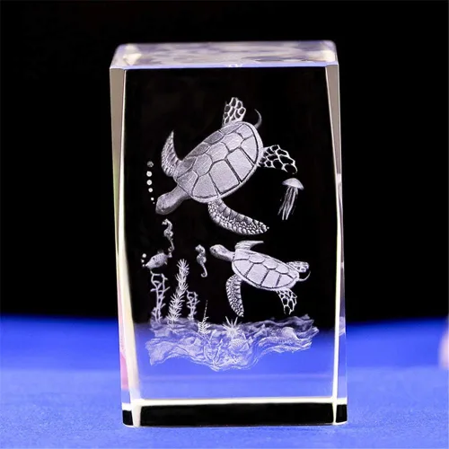 Figura de tortuga marina de cristal de cristal, adorno grabado con láser 3D, escultura y estatua, grabado en cubo de cristal de animal con caja de