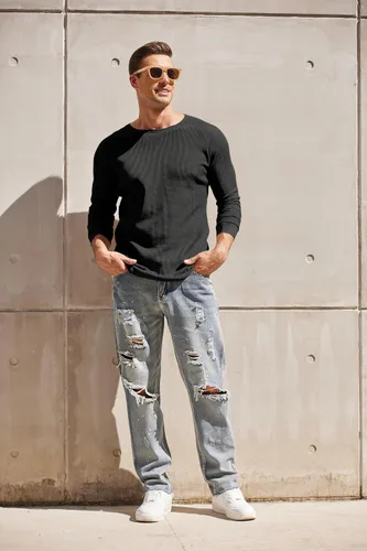 Miniatura 3 de COOFANDY Paquete de 2 camisas de punto gofre para hombre, camisetas de algodón de manga larga, estilo casual, cuello redondo