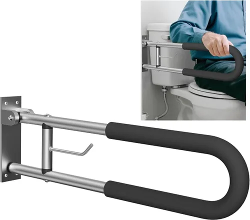 Barra de agarre plegable para inodoro con soporte para papel, riel de seguridad para discapacitados de baño montado en la pared de 30 pulgadas,