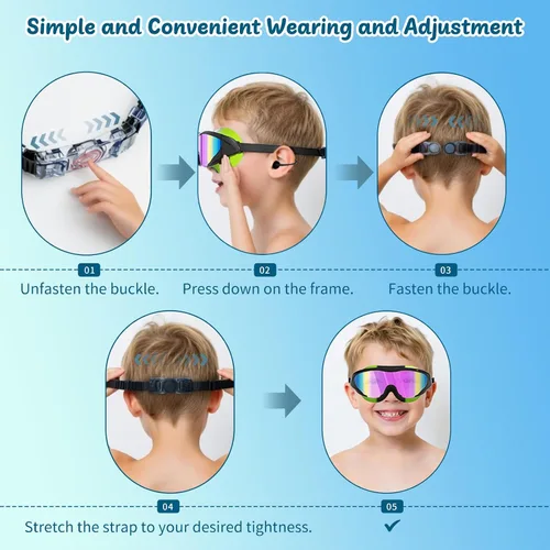 Miniatura 8 de Gafas de natación anti niebla UV para niños de 6 a 14 años, paquete de 2 gafas de natación para niños con tapones para los oídos adjuntos Dorado-azul