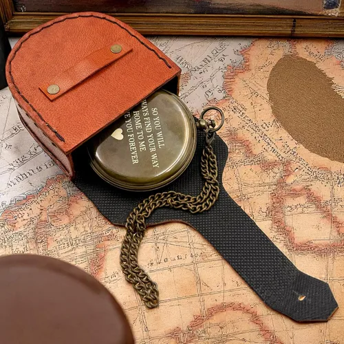 Miniatura 8 de Brújula de reloj de sol grabado Love You Forever con funda de cuero, regalo inspirador para viajeros, aventureros, novios, bautizos, bodas o él