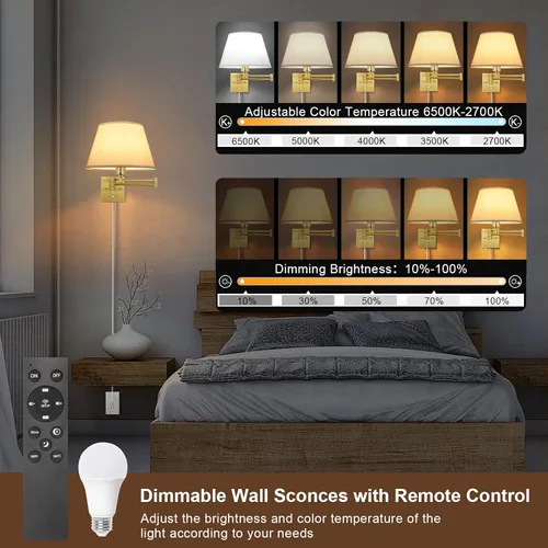 Miniatura 3 de TRLIFE Aplique de pared regulable con control remoto, temperatura de color ajustable de 2700K a 6500K, luces de pared con brazo oscilante de latón