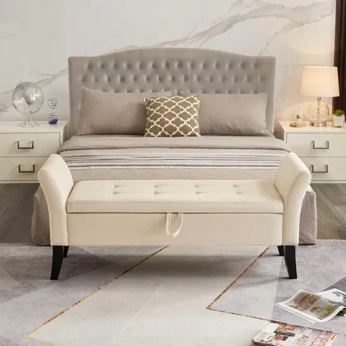 Miniatura 6 de Banco otomano tapizado de tela de terciopelo de 51.5 pulgadas con almacenamiento y brazos, asiento acolchado con patas de madera maciza, asiento