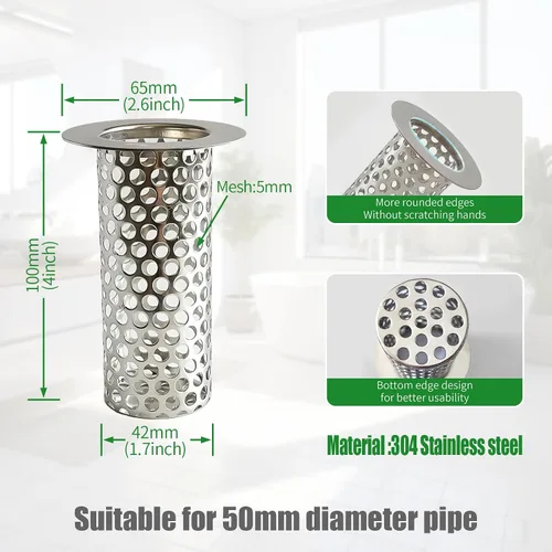 Miniatura 2 de Colador de drenaje comercial de piso de 2 pulgadas, colador de drenaje de acero inoxidable de malla cilíndrica perforada 304 de 4 pulgadas de alto
