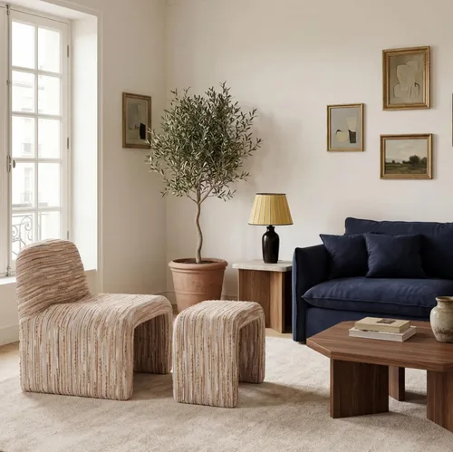 Miniatura 5 de Silla moderna para sala de estar con otomana, silla tapizada de lino mixto, cómoda silla de lectura lateral para sala de estar, dormitorio, marrón