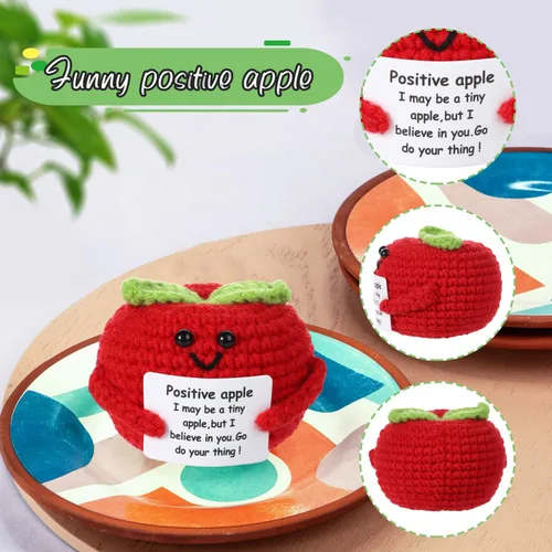 Miniatura 3 de BOXOB Divertida manzana positiva, 1.97 pulgadas, linda muñeca de manzana de punto, patata grande con boca, tarjeta positiva de apoyo emocional