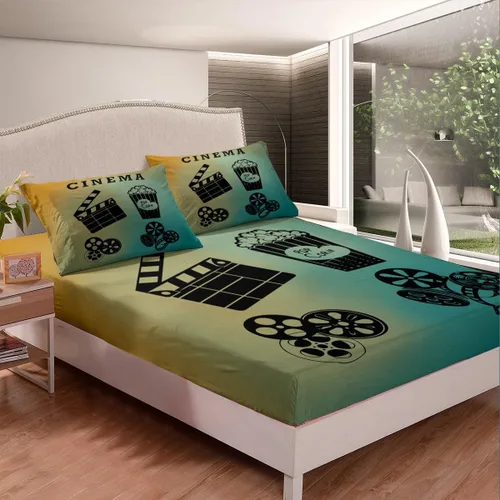 Miniatura 2 de Sábana bajera ajustable de cine tamaño individual, sábanas vintage para niños, niñas y adultos, juego de ropa de cama de palomitas de maíz
