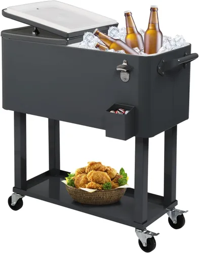 Miniatura 8 de SSLine Enfriador portátil para patio con ruedas, carrito de barra de bebidas frías al aire libre con estante de almacenamiento y abridor de Gris