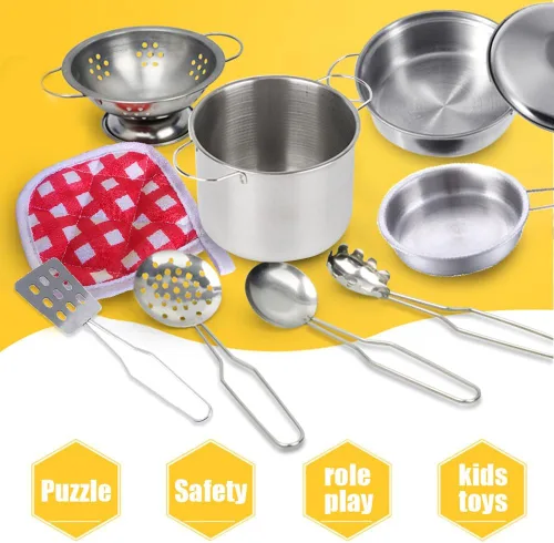 Miniatura 6 de Utensilios de cocina en miniatura, juguetes de cocina de juego de simulación, juego de cocina de acero inoxidable, juguetes de juego Montessori