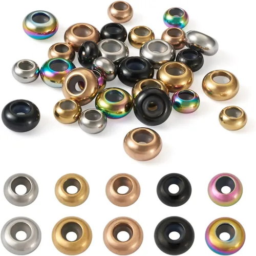 40 cuentas de tapón redondas planas de acero inoxidable 302 con goma en el interior, 5 colores espaciadores de posicionamiento, cuentas deslizantes