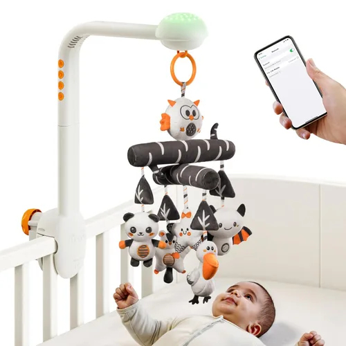 TUMAMA - Cuna móvil para bebé, juguete de cuna de alto contraste con luz nocturna de proyección, música y ruido blanco, animal de felpa suave,