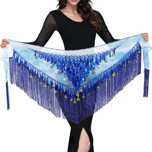 Miniatura 4 de MUNAFIE Belly Dance Hip Scarf with Tassels Sequins, Triangle Coins Wrap Skirt Music Festival Clothing Skirt