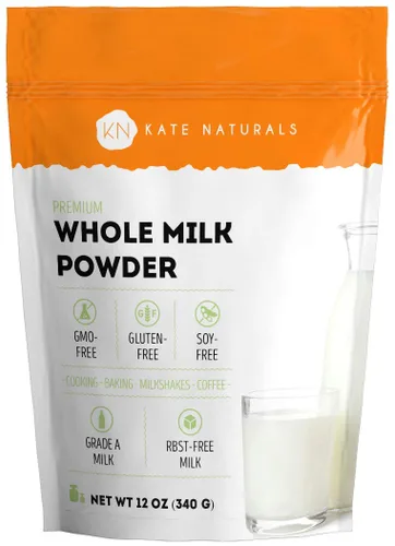 Kate Naturals Leche entera seca en polvo para hornear, café y batidos (12 onzas), sin RBST, fabricada en Estados Unidos, sustituto seco en polvo