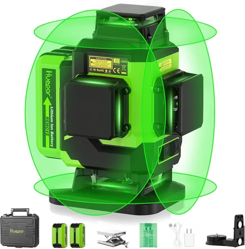 Huepar Nivel láser, autonivelante 16 líneas de haz verde 4D Cross Line Azulejo láser herramienta láser - 2 x 360 horizontales y 2 líneas láser