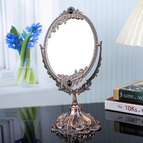 Miniatura 10 de Guppy Espejo de maquillaje vintage de metal pequeño, espejo cosmético ovalado de mesa floral, espejo cosmético giratorio vintage de doble cara