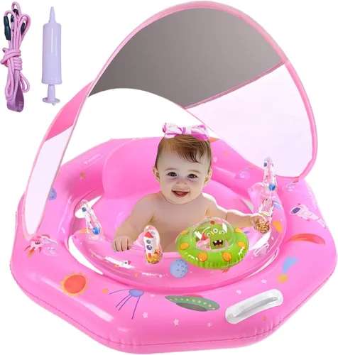 Miniatura 8 de Flotador de piscina para bebé con toldo y consola de juguetes, asiento seguro ajustable, parasol UPF50+ extraíble, flotador de piscina infantil