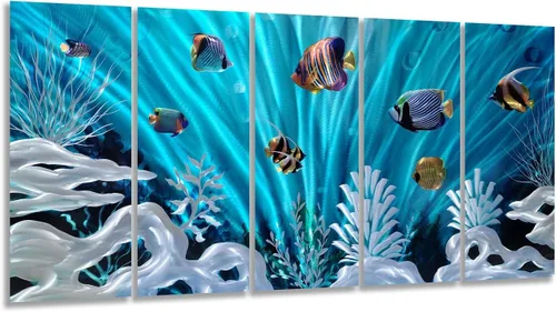 Miniatura 13 de SYGALLERIER Arte de pared abstracto de metal costero, hecho a mano, gran 3D, azul y plateado, ilustraciones modernas de olas de mar, escultura