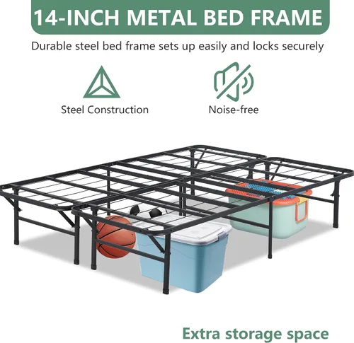 Miniatura 4 de PayLessHere Marco de cama plegable de metal de 14 pulgadas, plataforma de listones de acero resistente, base de cama, base de colchón, repuesto