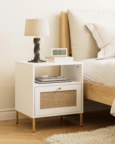 Miniatura 11 de Mesita de noche de ratán, mesa auxiliar grande y moderna de madera estilo bohemio con cajón de almacenamiento y estante abierto, mesa auxiliar Negro