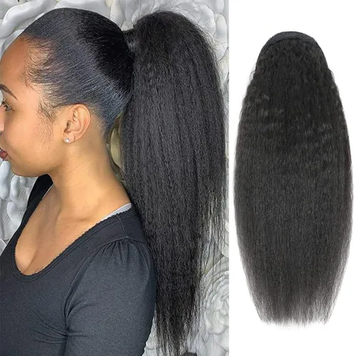 Miniatura 29 de Extensiones de pelo rizado con cordón para cola de caballo, extensiones de cabello humano para mujer con dos clips 1B# 120g/set (71cm)