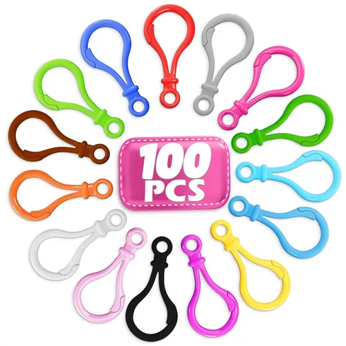 Juego de 100 clips de plástico para llavero – Ganchos resistentes para llavero en 15 colores surtidos con cierre fácil de abrir y agujero de