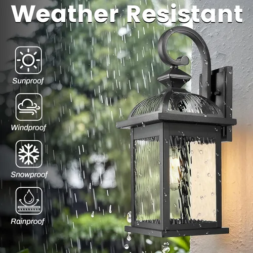 Miniatura 5 de Luces de pared para exteriores, lámpara exterior negra, montaje de pared con vidrio ondulado de agua de 15 pulgadas de altura, lámparas de pared
