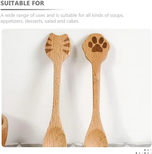 Miniatura 4 de iplusmile Juego de 2 cucharas de madera para gatos, utensilios de cocina ergonómicos de 5.51 pulgadas para ensalada de arroz y sopa, diseño de mango