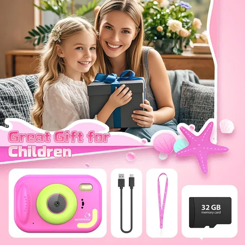 Miniatura 8 de Cámara para niños impermeable, cámara submarina IP68 para niños de 3 a 12 años, cámara digital HD para niños con grabación de video de 1080P, Rosa